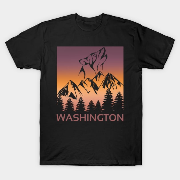 Washington Sunset Wolf Howling at The Moon Trees and Mountains T-Shirt T-Shirt by jackofdreams22